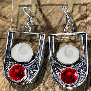Shiva Eye Shell & Red Coral Earrings 2”